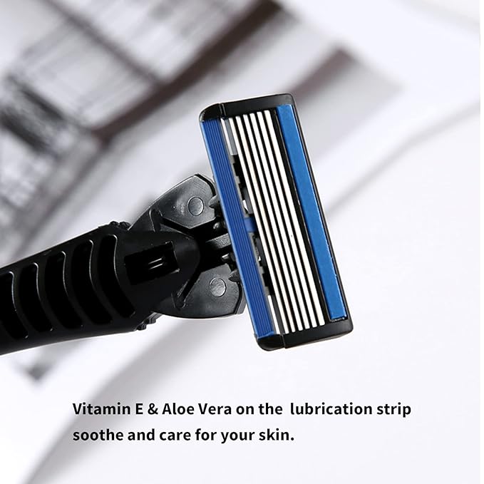 6-Blade Razor,Plastic Anti-slip Men Manual Refill Cartridges razors, Reusable Face Cleansing Care Tool, Shave Supplies for Men and Women - Black