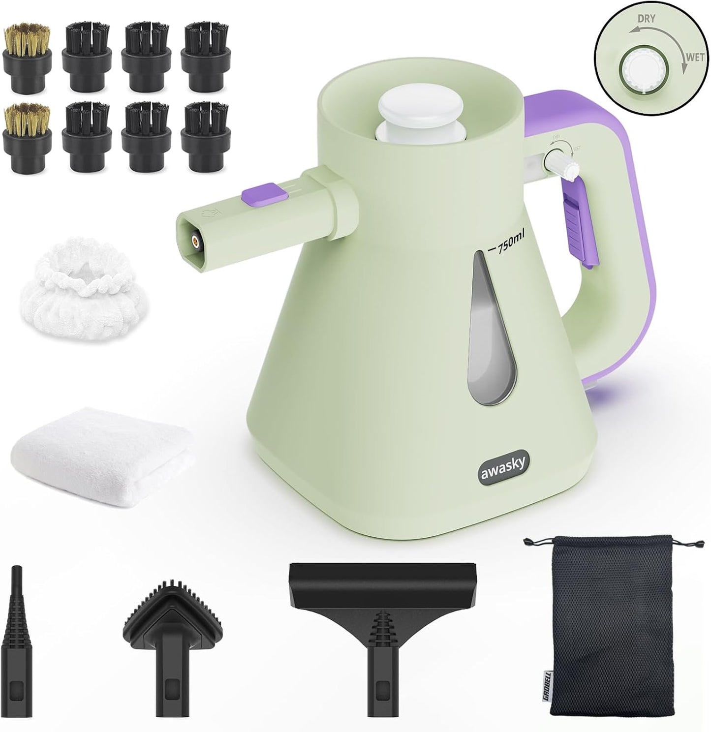 Steam Cleaner Handheld: 1200W Fast 10-Sec Heat-Up-750mL (25oz) Tank-No Cooling-Refill Anytime-Lockable Steam Trigger-14-Piece Kit Hand Held Steamer for Home Car Grout Tile Cleaning Green