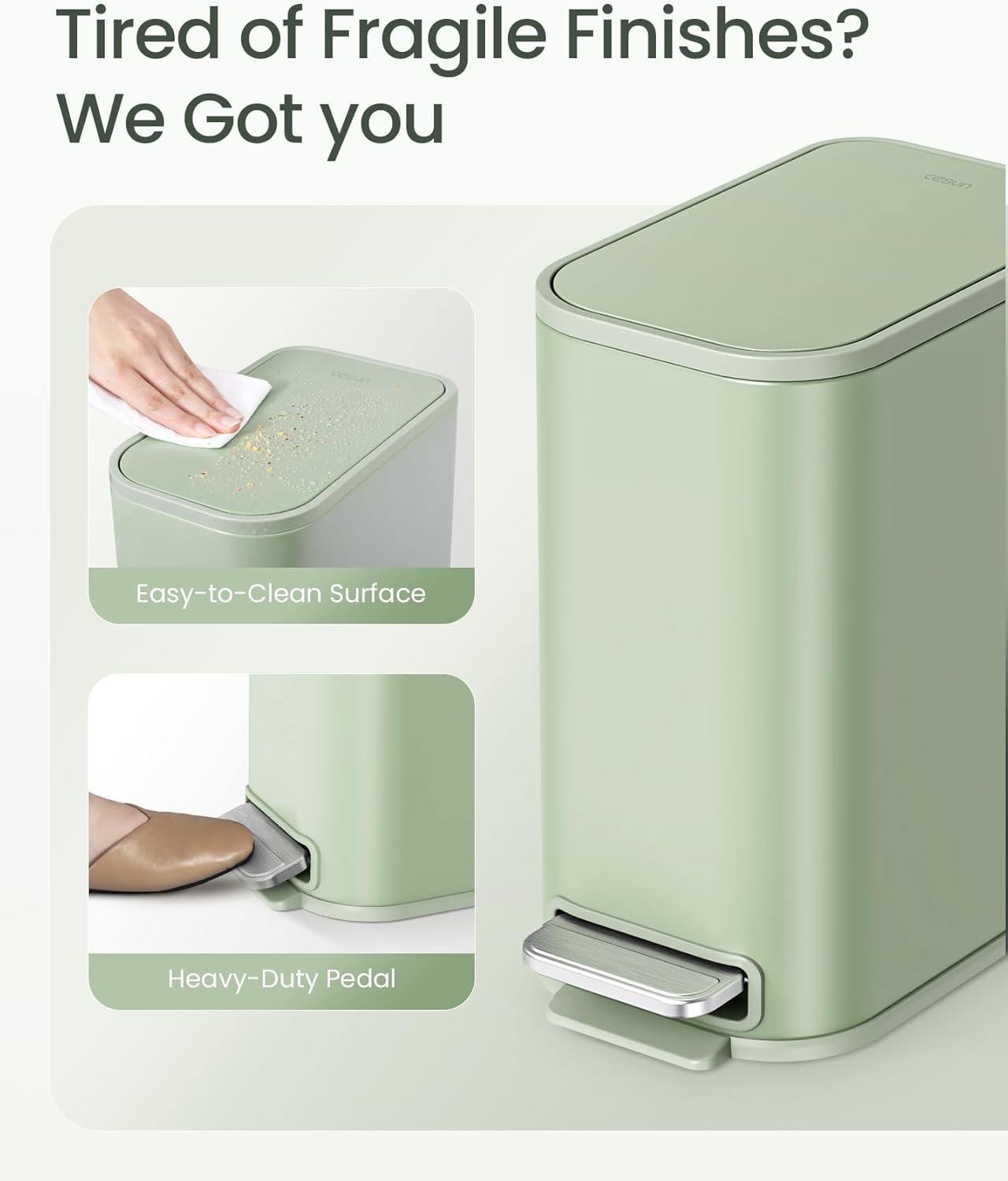 Cesun Small Bathroom Trash Can with Lid Soft Close, Step Pedal, 5 Liter / 1.3 Gallon Stainless Steel Garbage Can with Removable Inner Bucket, Waste Basket for Bathroom, Bedroom (Green)