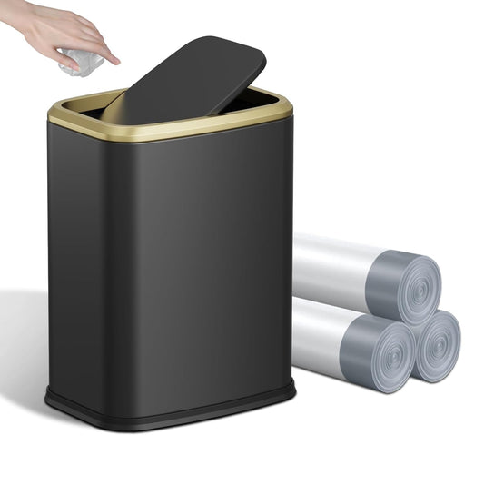 8L/2.1 Gallon Small Bathroom Trash Can with Lid, Swing-Top Rectangular Waste Bin, Stainless Steel Garbage Can for Home, Office, Toilet, Bedroom, Living-Room (Black)
