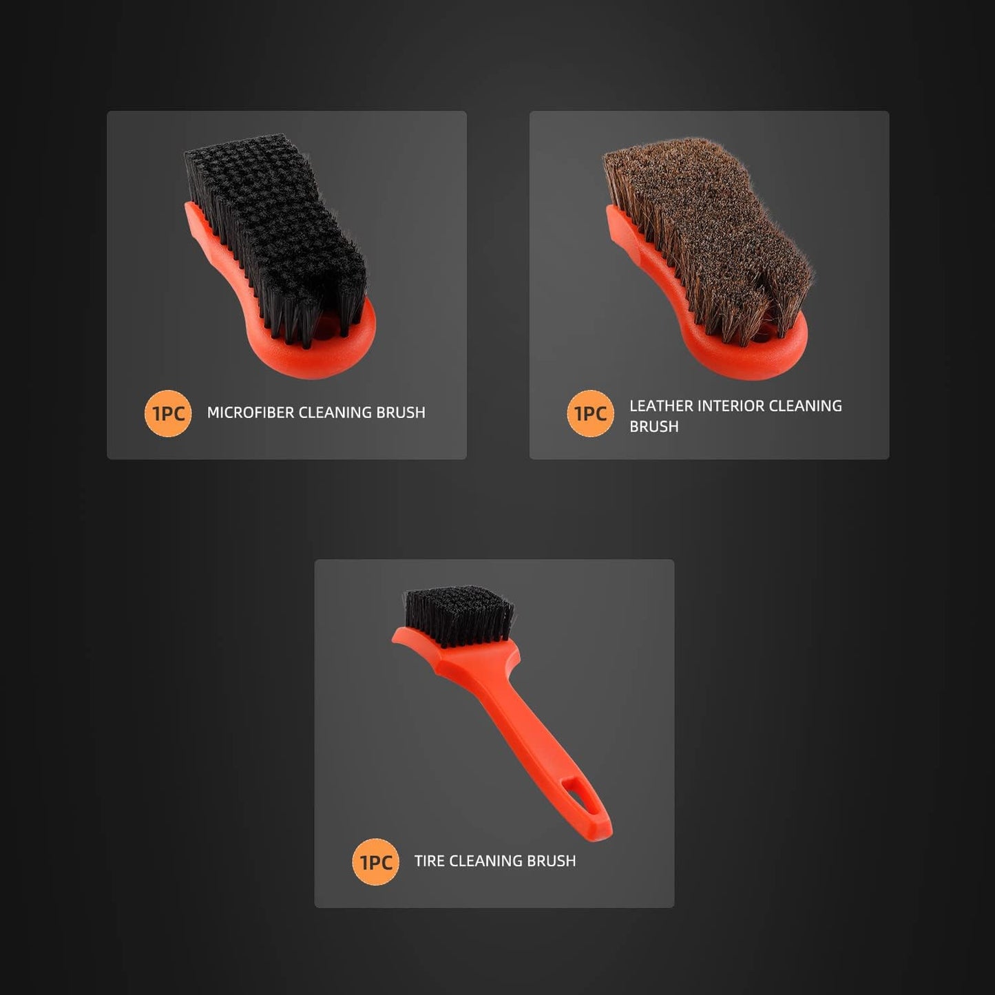 SPTA 3Pcs Car Detailing Brush Kit, Leather & Textile Interior Brush, Comfortable Grip and Scratch-Free Cleaning for Dashboard, Wheels, Seats, Foot Mats and Small Areas, Black