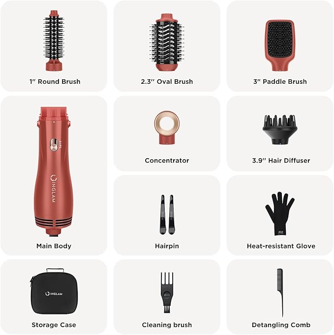 IG INGLAM Blow Dryer Brush Set, 5-in-1 Multi-Styler for Drying, Salon Blowouts, Smooth Curls, Sleek Styles, Ionic Hot Air Brush with Soft Tufts & Nylon Bristles for Frizz-Free Hair, Strawberry Bronze