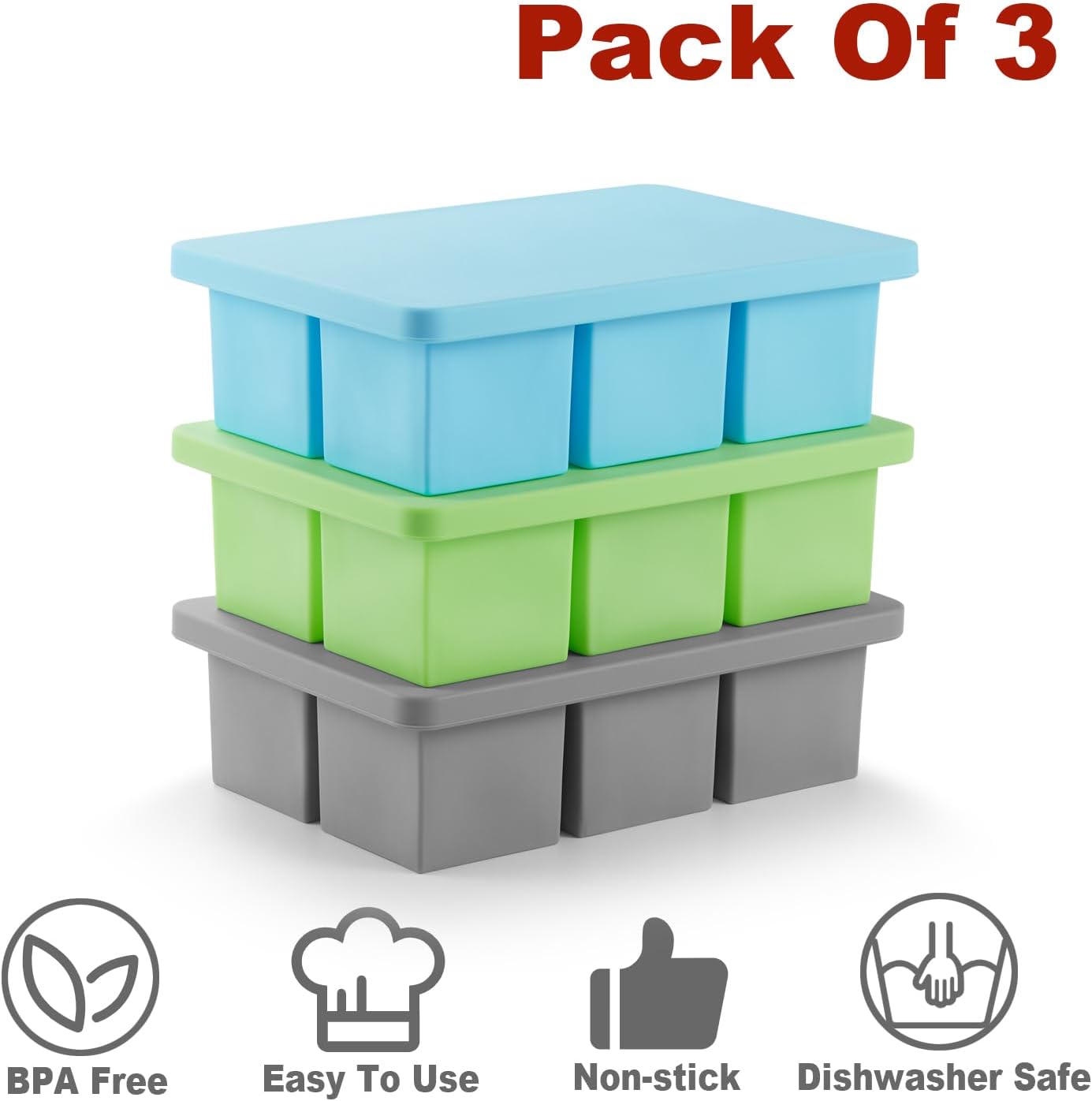 Nax Caki Ice Cube Trays 3 Pack, Large Size Silicone Ice Cube Molds for Whiskey Ice Cube Maker for Cocktail Old Fashioned Big Ice Cube Tray