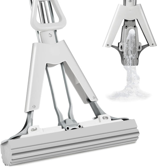 Sponge Mop for Kitchen Bathroom Garage Floor Cleaning Telescope Handle Automatic Wringing Suitable for Tile Marble Wood Floors with 1 Extra Sponge Head