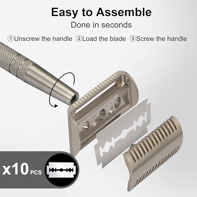 Stainless Steel Safety Razor, Single Blade Razors for Men, with 10 Double Edge Blades, Long and Heavy Duty Handle, Smooth Close Wet Shaving, Silver