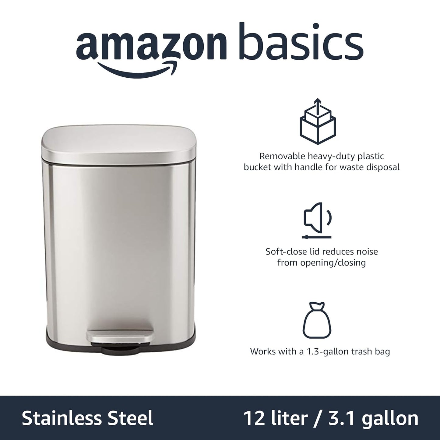 Amazon Basics Smudge Resistant Small Rectangular Trash Can With Soft-Close Foot Pedal, Brushed Stainless Steel, 12 Liter/3.1 Gallon, Satin Nickel Finish, 11.3"L x 9.9"W x 15.1"H