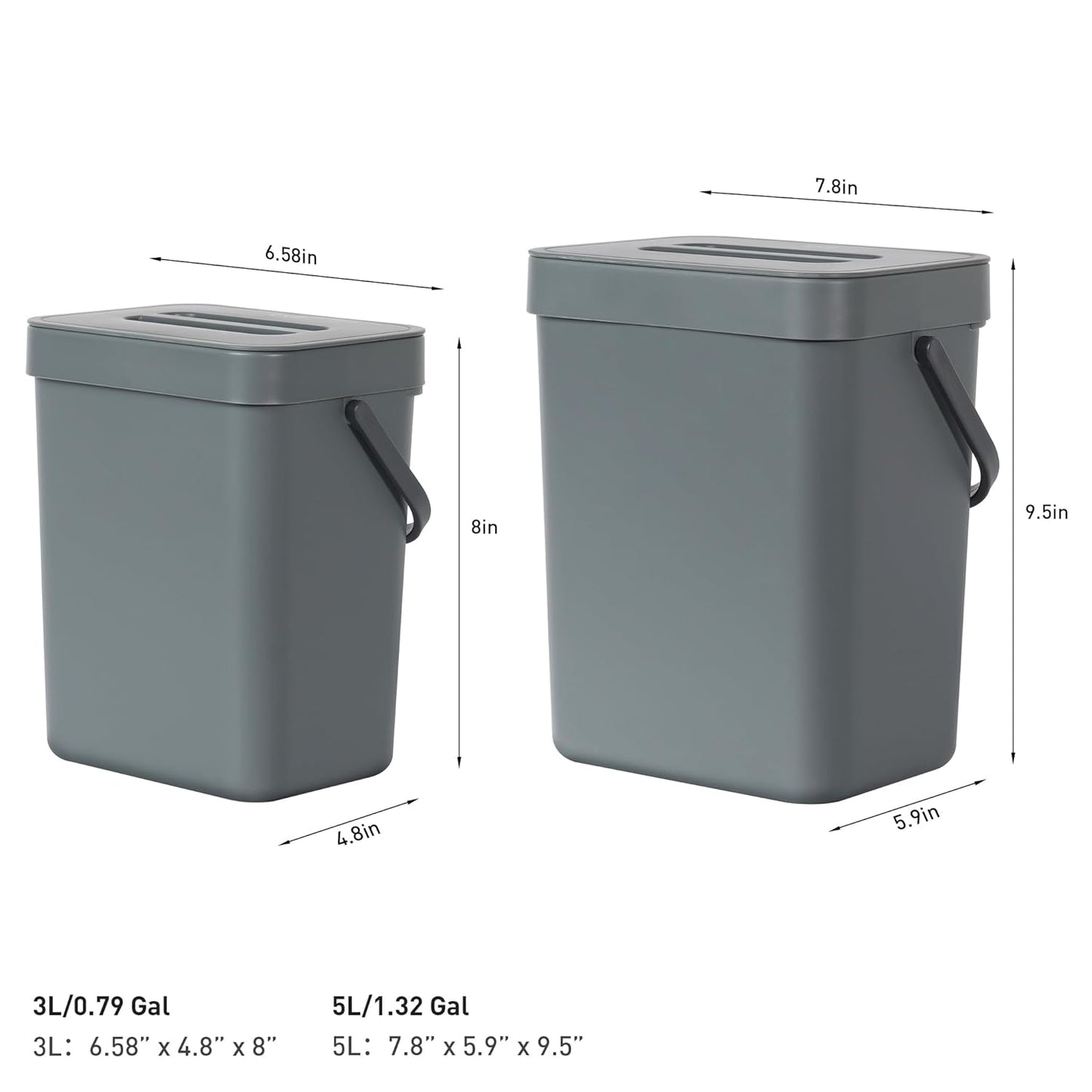 EKO Puro Mini Wall-Mounted Kitchen Trash Can with Lid Food Waste Caddy, 0.79 Gal / 3L (Grey)