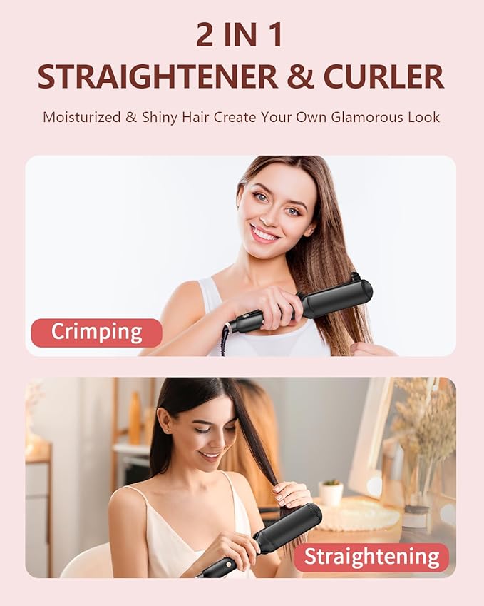Hair Crimper Waver, Professional Hair Straightener Beach Waves Curling 4 Interchangeable Ceramic Plates, Hair Crimper Auto Temp Control Wide Plate Hairs Straightener & Styling Tool for All HairsTypes