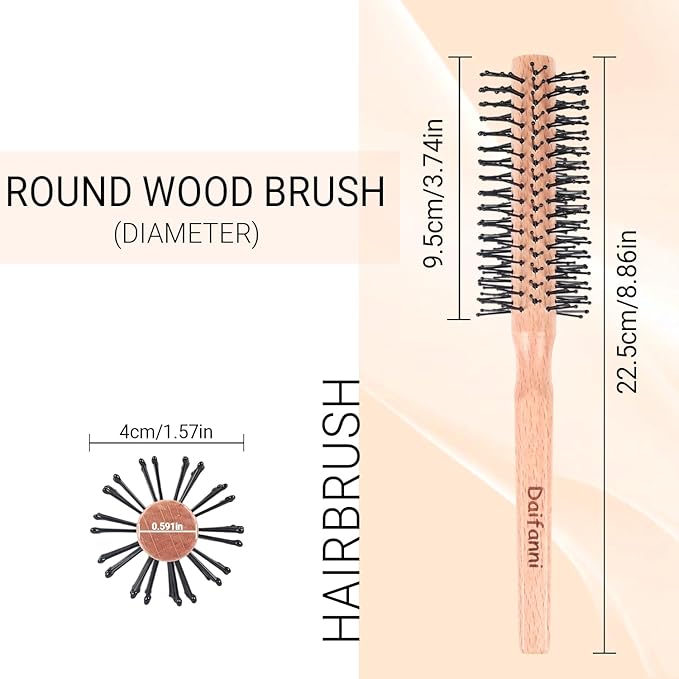 Round Curling Brush for Blow Drying, Wooden Handle Roller Brush with Soft Nylon Bristles, Curling Hair Brush for Wet Hair, Bangs, Beard, Styling