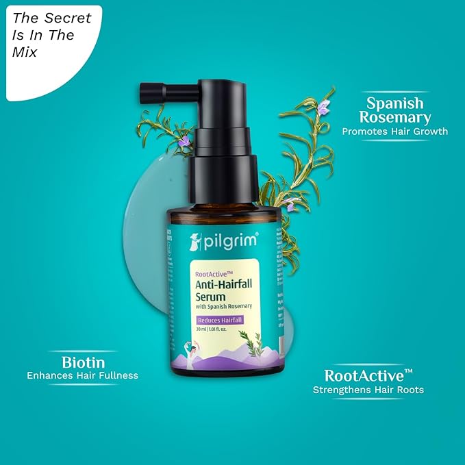 Rosemary Hair Serum for Hair Fall – Pilgrim RootActive Anti-Hairfall Serum with Caffeine, Biotin, Capilia Longa & Saw Palmetto | Reduces Hair Loss | For Men & Women | 1.01 Fl Oz (30ml)