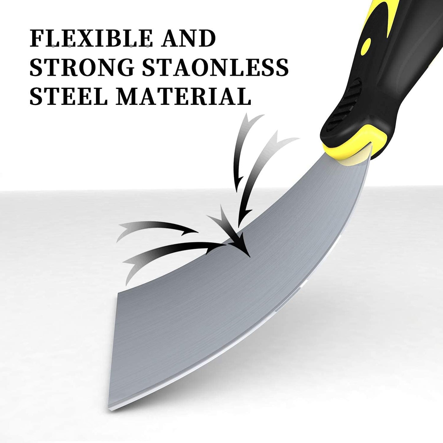 DEKEones Putty Knife Scrapers, Spackle Knife, Metal Scraper Tool for Drywall Finishing, Plaster Scraping, Decals, and Wallpaper (4 Pack, 5”, 4”, 3”, 1.5” Wide)