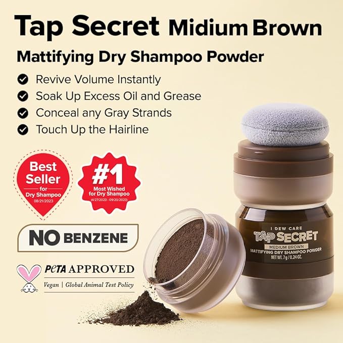 I DEW CARE Biotin Clarifying Dry Shampoo - Tap Secret Medium Brown | Strengthening & Volumizing, Powder Type, Refillable, Travel size, Non-aerosol, Brunette, Korean Ginseng, 0.25 Oz