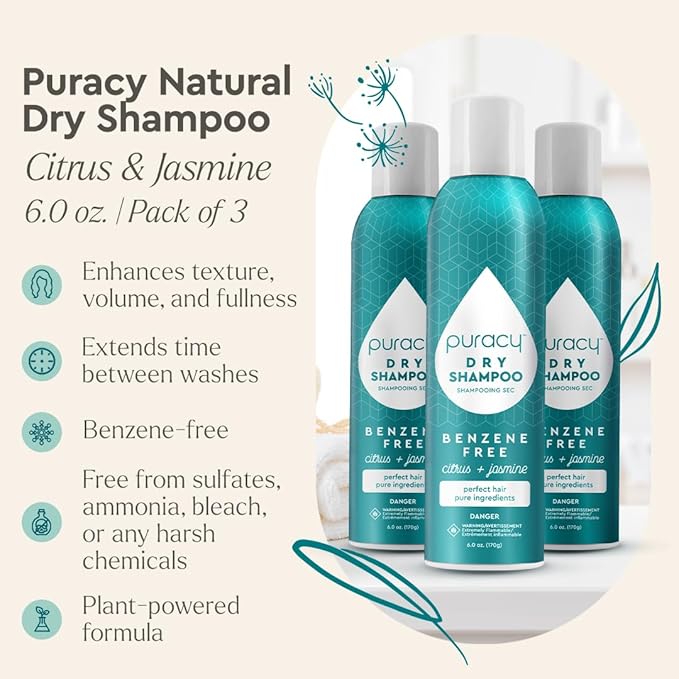Puracy Natural Dry Shampoo For Women - Plant-Powered Cleansing Volumizing Revitalizing Dry Shampoo As Seen on TikTok, Benzene-Free, Non-Toxic, Oil Absorbing for All Hair Types (Citrus & Jasmine, 18oz)