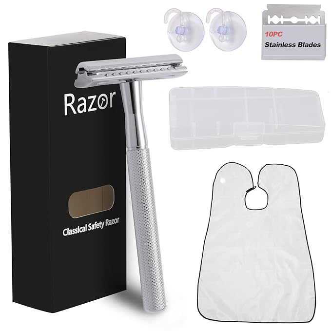Double Edge Razor, Safety Razor With 10 Premium Stainless Steel Reusable And a Beard Bib,Transparent Packaging Box Single Blade Razors For Men and Women, Smooth Wet Shave Experience,Silver