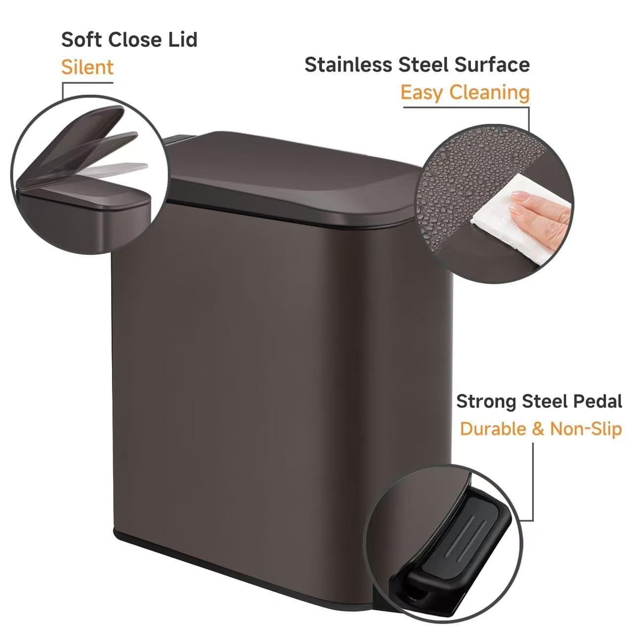 TIPGO Slim Bathroom Trash Can with Lid Soft Close, Step Pedal, 6 Liter / 1.6 Gallon Stainless Steel Trash Bin, Small Garbage Cans for Bedroom, Office, Kitchen (Brown)