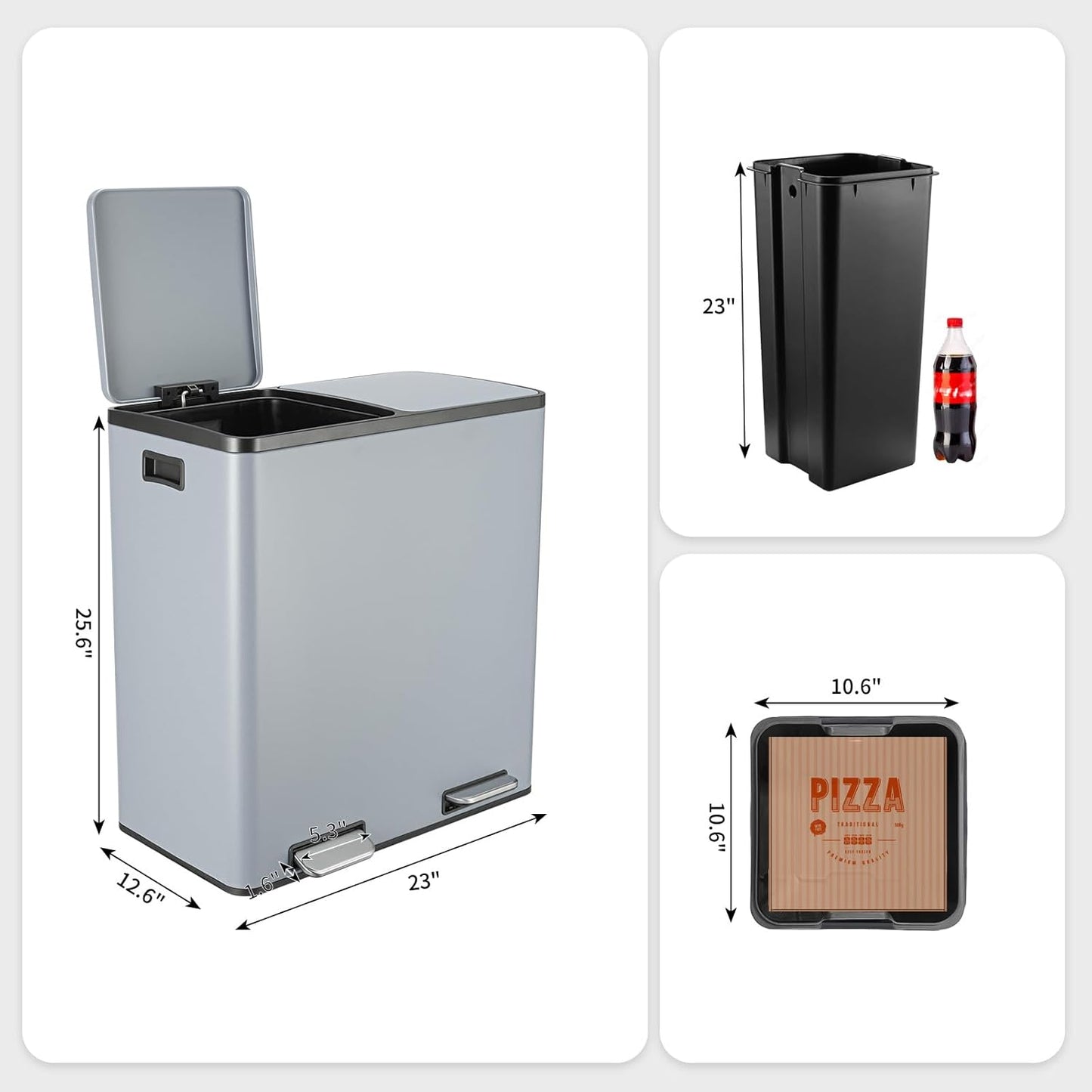 Arlopu 16 GallonStainless Steel Trash Can, 60L Dual Compartment, Metal Kitchen Step Recycle Bin, Metal Double Dustbin, in-Home Garbage Rubbish Can W/Removable Liner Buckets (Haze Blue)