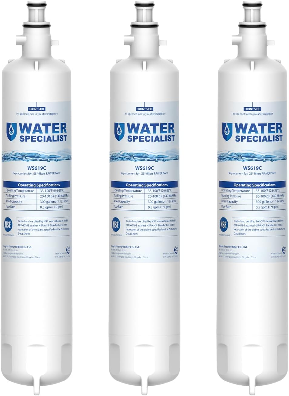 Waterspecialist Replacement for GE® RPWFE®, RPWF (Built-in CHIP) Refrigerator Water Filter, Compatible with GYS22GMNES, GYE22HSKSS, PYE22PELDS, GFE26GMKES, GFE26GGHWW, PFE28KYNFS, 3 Filters