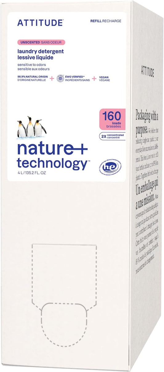 ATTITUDE Liquid Laundry Detergent Refill, EWG Verified, HE Compatible, Plant-Based & Vegan, Natural Laundry Soap, Unscented, 160 Loads, 135.26 Fl Oz