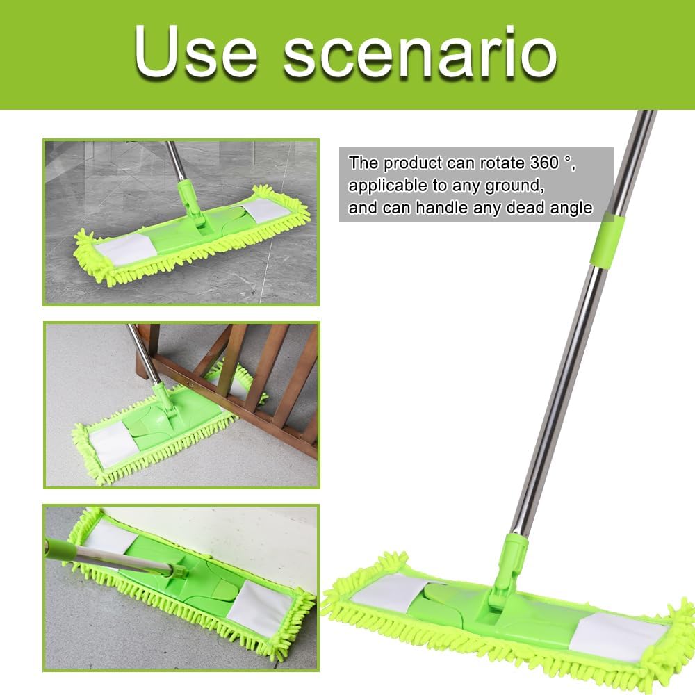 Dust Mop for Floor Cleaning with 2 Washable Chenille Pads and Extendable 58” Long Handle, Dry Wet Flat Mop with Scouring Pad for Hardwood, Laminate, Tile, Marble ，Green