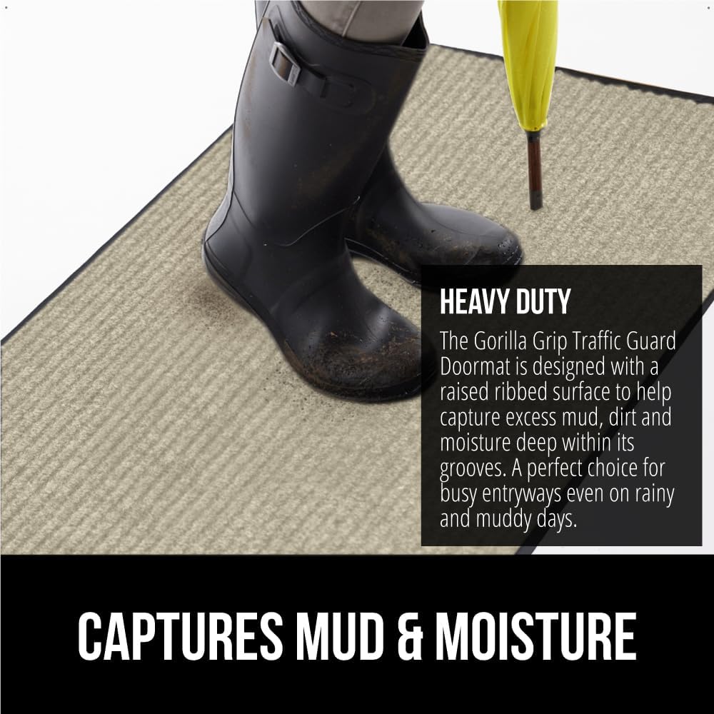 GORILLA GRIP Traffic Guard Door Mat, 60x36, Heavy Duty Welcome Mats, Commercial Office Space Doormat, Waterproof, Fade Resistant, Strong Rubber Backing, Low Profile, Shoe and Boot Scraper, Beige