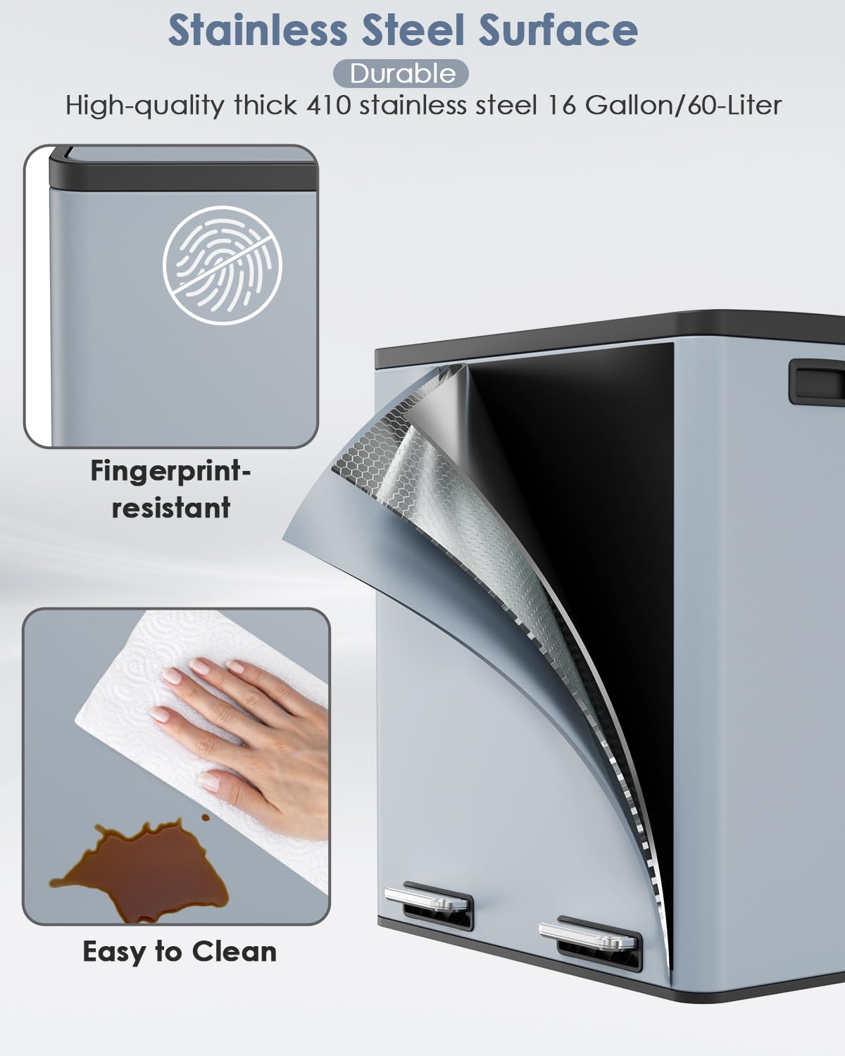 AthLike 60L(16 Gal) Dual Trash Can, Stainless Steel Kitchen Garbage Can, Double Compartment Classified Rubbish Bin, Recycle Dustbin w/Plastic Inner Buckets, Soft-Close Lid, Airtight (Haze Blue)