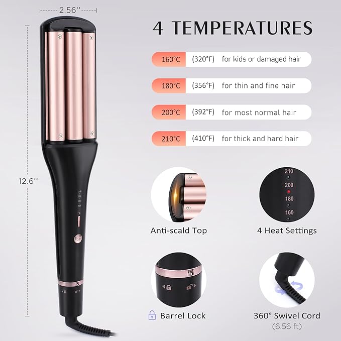 Hair Crimper for Women Beach Waves, Deep Waver Hair Tool for Long Hair, 3 Ceramic Barrel Curling Iron, Adjustable Depths and Temperatures, Dual Voltage