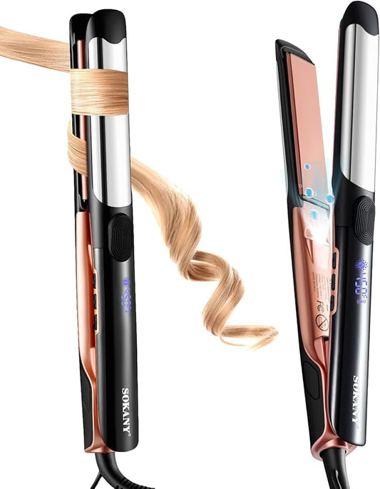 1 Inch Flat Iron Hair Straightener and Titanium Curler 2 in 1 | Dual Voltage Smart 3D Ceramic Floating Plates Ionic Straightener,8 Temps Settings Fast Heating & Heat Protection