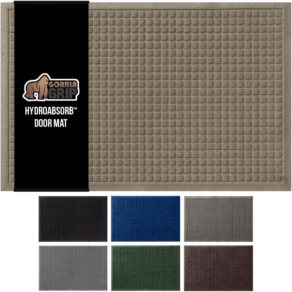 GORILLA GRIP Front Door Mat, 72x24, Indoor Outdoor Ultra Absorbent HydroAbsorb Doormat, Absorbs Up to 2.75 Cups of Water, Stain and Fade Resistant, Rubber Backing Doormats, Captures Dirt, Beige
