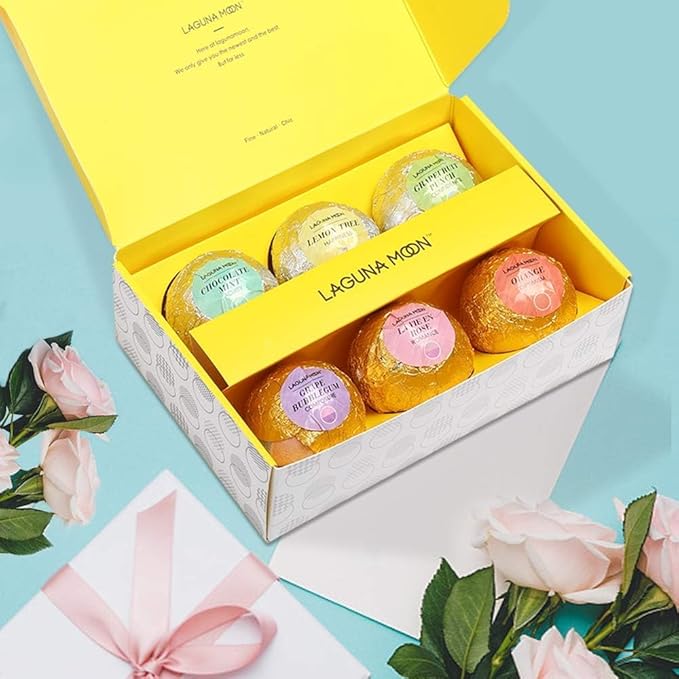 Lagunamoon Bath Bombs Gift Set, 6 Piece XXL Handmade Fizzy Shower Bombs with Essential Oils, Coconut Oil to Moisturize Dry Skin - Relaxing Spa Day for Women, Men, Kids - Birthday, Anniversary