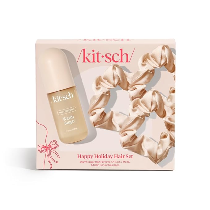 Kitsch Satin Scrunchies and Hair Perfume for Women Holiday Set – Warm Sugar Scent with Patented Odor-Eliminating Technology Hair Spray | Neutral Softer Than Silk Scrunchies | Ideal Gifts for Women