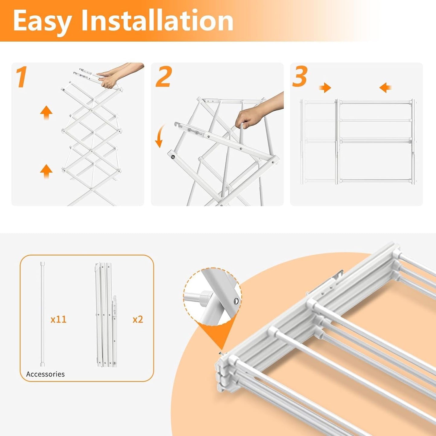 3 Tier Clothes Drying Rack,Foldable & Portable Clothing Drying Rack,Space-Saving Design, Indoor & Outdoor Laundry Rack for Drying Clothes,Metal Dryer Rack-Pure White