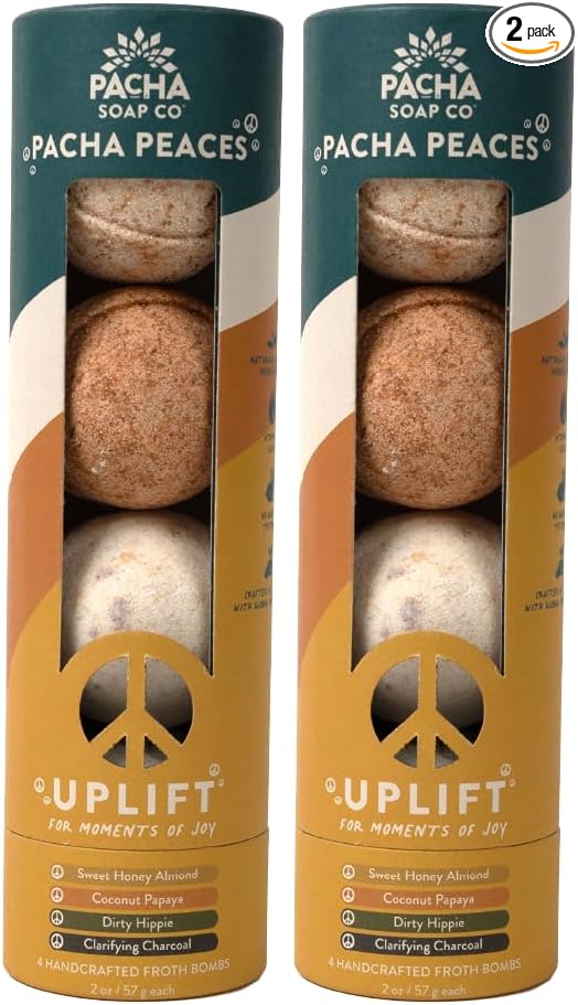 PACHA SOAP Co. Froth Bath Bomb, Pacha Peaces, Uplift, 2-Pack (8-Pieces) - Scents of Almond, Coconut, and Patchouli, & Lemongrass - Nourishing, Moisturizing, Naturally Derived & Handcrafted in The USA