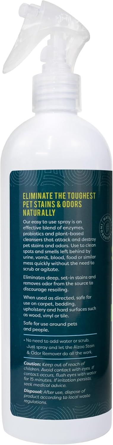 ALZOO Stain & Odor Remover, Quickly Lifts & Dissolves Pet Stains & Helps Eliminate Odors, 100% Plant-Based Active Ingredients, Lavender Vanilla Scent, 16 Fl. Oz Spray Bottle