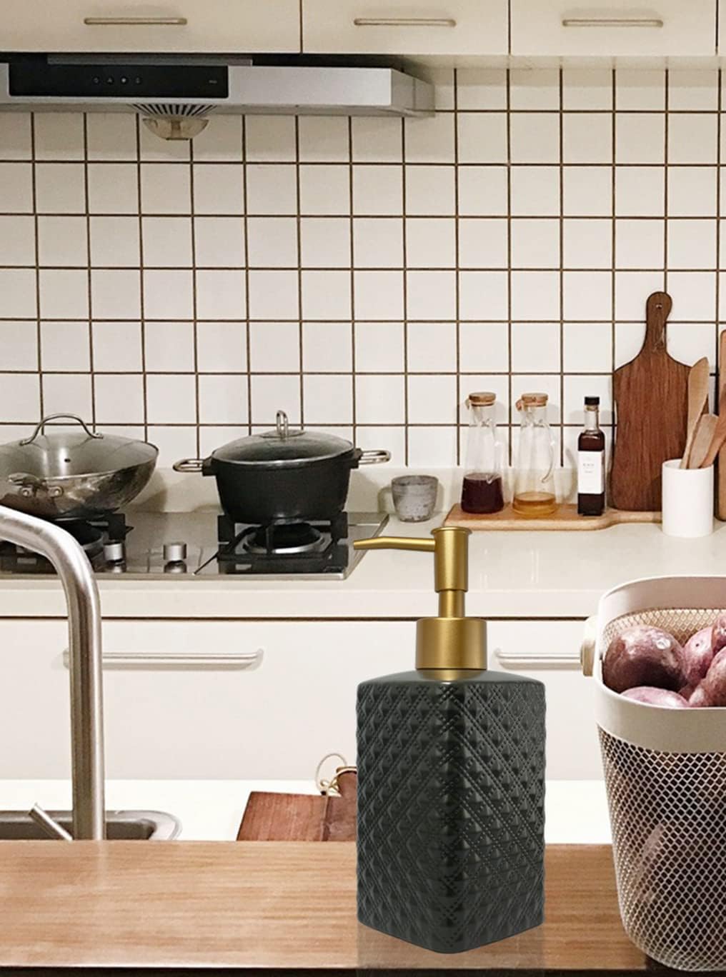 Gold Soap Dispenser for Bathroom,Black Square Lotion Dispenser, Refillable Countertop Ceramic Hand Soap Dispenser,Dish Soap Dispenser for Kitchen 350ml(Black Square Bottle)