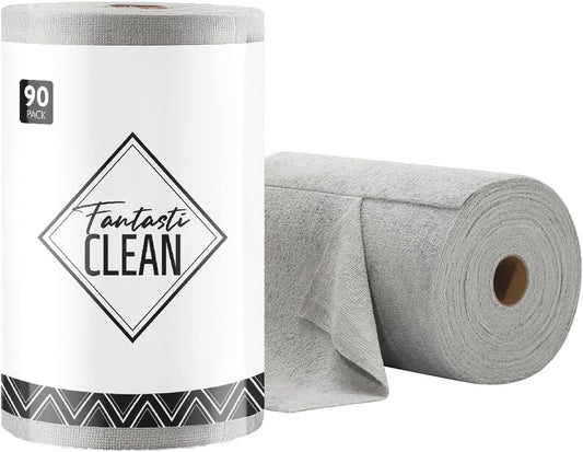 Fantasticlean Microfiber Cleaning Cloth Roll -90 Pack, Tear Away Microfiber Towels, 12" x 12", Reusable, Washable, Scratch Free, Ultra Absorbent Dishcloth for Car, Home Supplies, Pet, Kitchen (Grey)