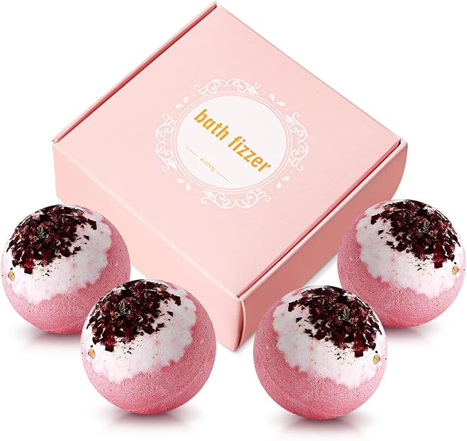 Dried Flower Bath Bombs Salt Balls,4-Pack Gift Set,Rose Extract Essential Oils,Moisturizing Dry Skin,Fizzy Spa,Relaxation,Self Care,Relaxing,Bubble Bath Bomb Gifts Idea for Men Women