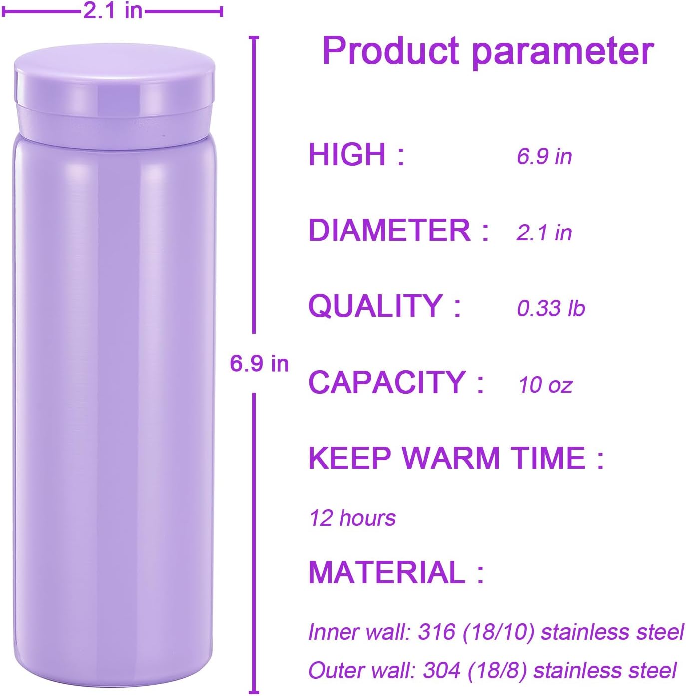 10oz Mini Water Bottle Stainless Steel Thermos Small Flask - Insulated Vacuum, Leak Proof, Keeps Drinks Hot/Cold - Ideal for Coffee, Tea, Water - Purple