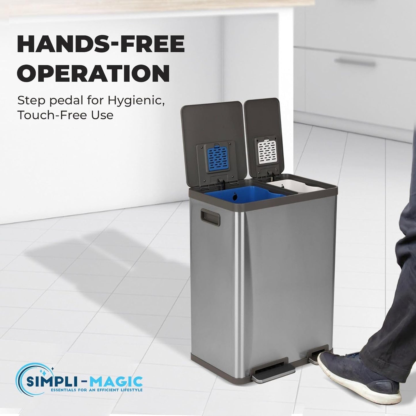 Simpli-Magic 16 Gallon (38L x 22L) Dual Compartment Step Trash Can – Kitchen Garbage Can with Waste & Recycling Bins – Slow-Close Lid, Odor Control, Hands-Free, Easy to Clean, Brushed Stainless Steel