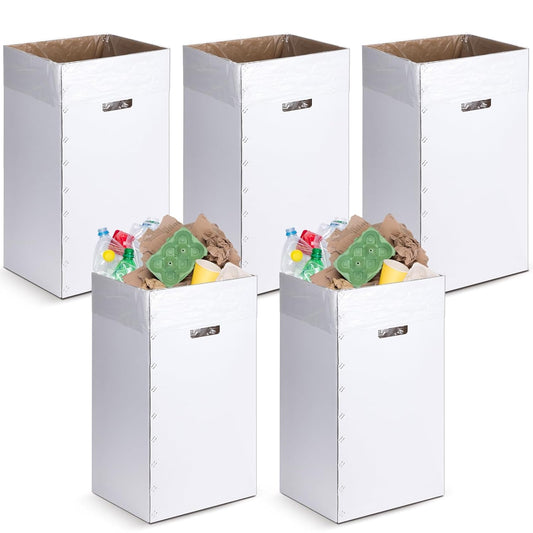 Tioncy 5 Pcs Cardboard Trash Cans Disposable and Reusable Corrugated Cardboard Trash Cans Recycling Bins Bulk with 10 Garbage Bags White Garbage Boxes for Parties Events(20 Gallon)