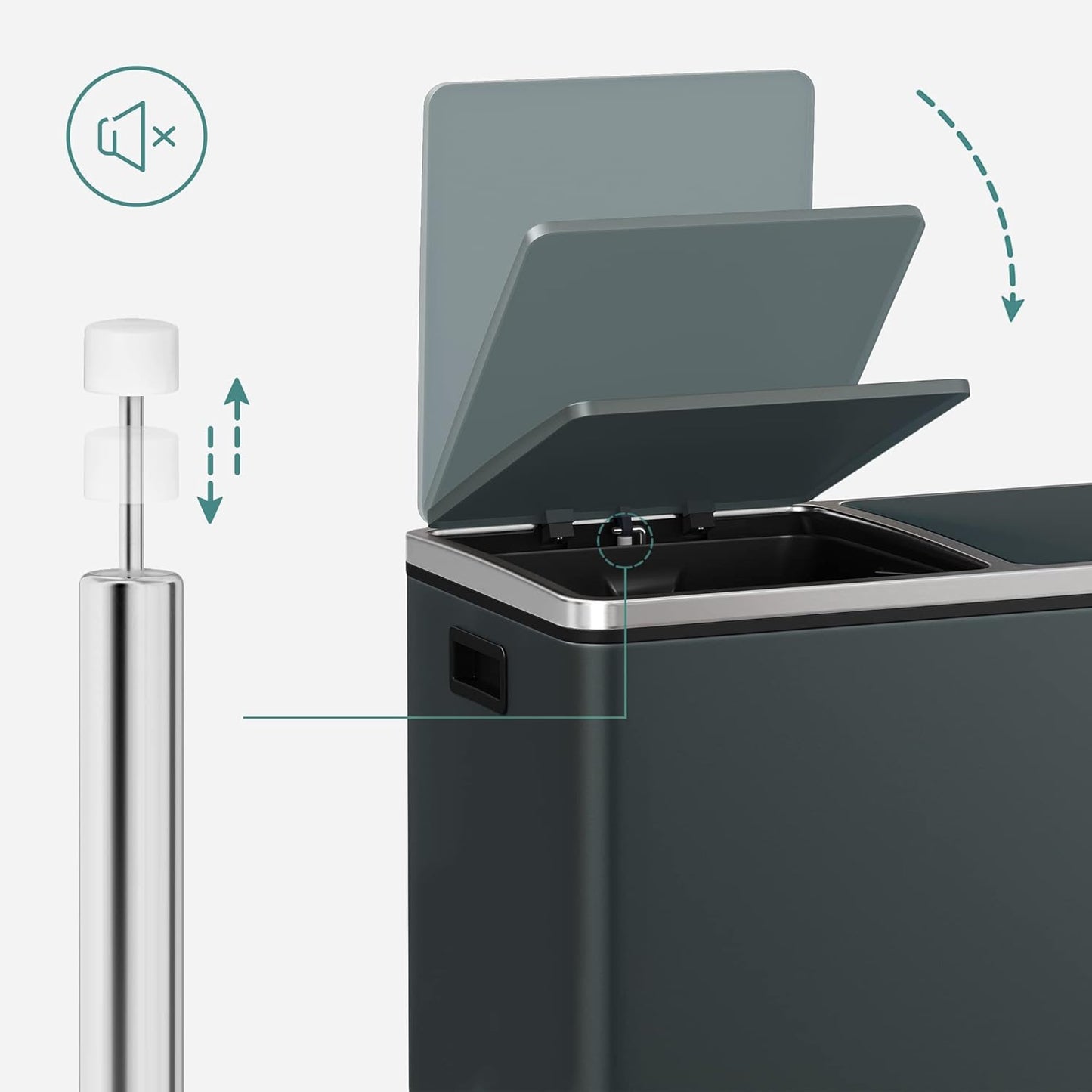 SONGMICS Trash Can, 2 x 8 Gallon (2 x 30 L) Garbage Can for Kitchen, with 15 Trash Bags, 2 Compartments, Plastic Inner Buckets and Hinged Lids, Airtight, Greenish-Gray ULTB60GS02