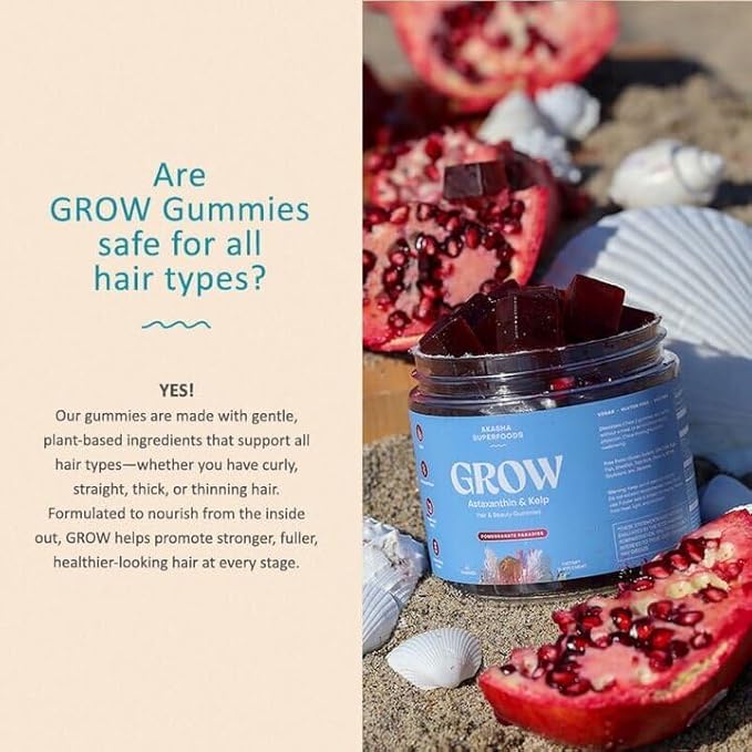 Akasha Superfoods Grow Hair & Beauty Gummies, Supplement with Zinc, Vitamin E, Astaxanthin, Kelp, & Pumpkin Seed, Plant Based Gummies for Women & Men, Gluten Free, Vegan, American Made, 60 Count