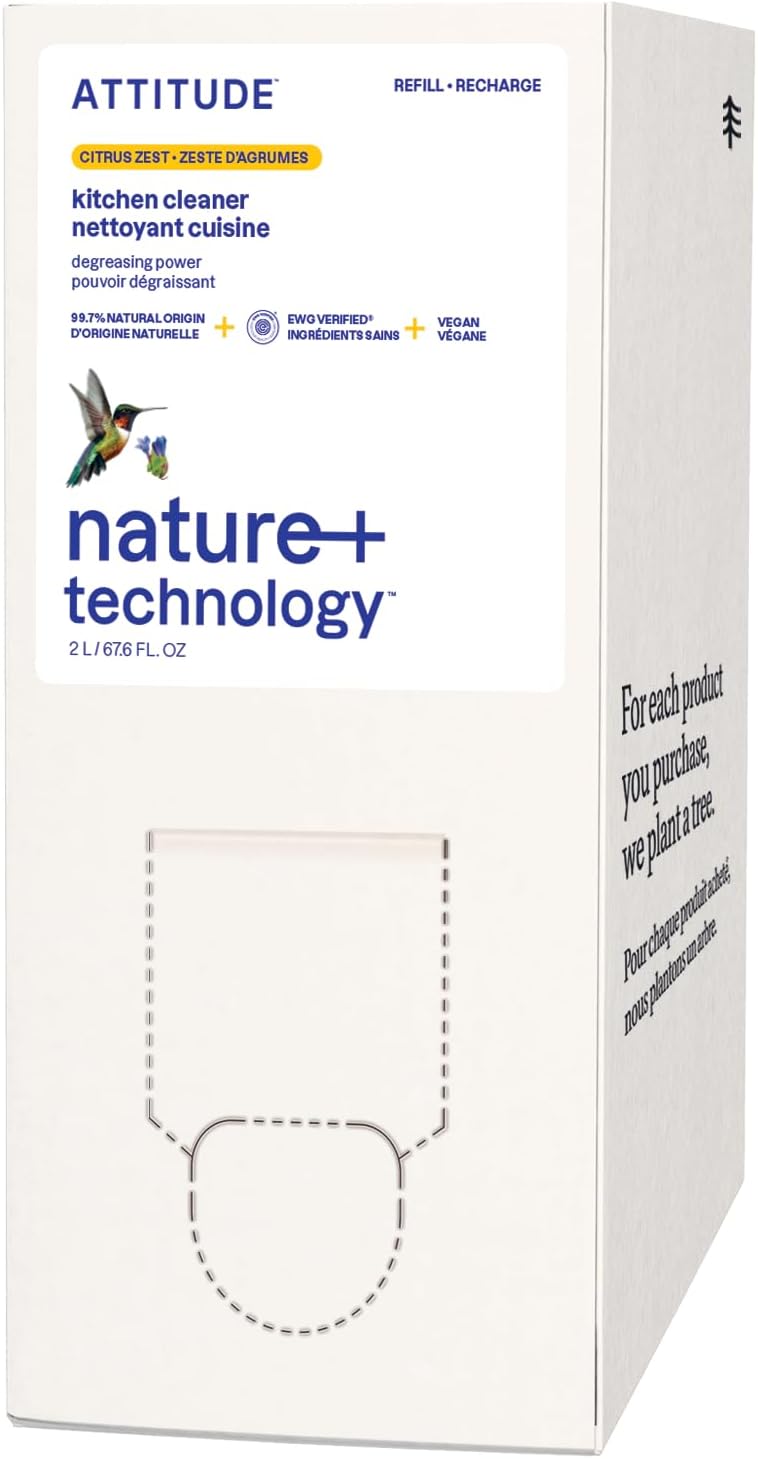 ATTITUDE Kitchen Cleaner Spray Refill, EWG Verified, Powerful Degreaser, Cuts Grease & Grime, Plant-Based & Vegan, Citrus Zest Scent, 67.6 Fl Oz