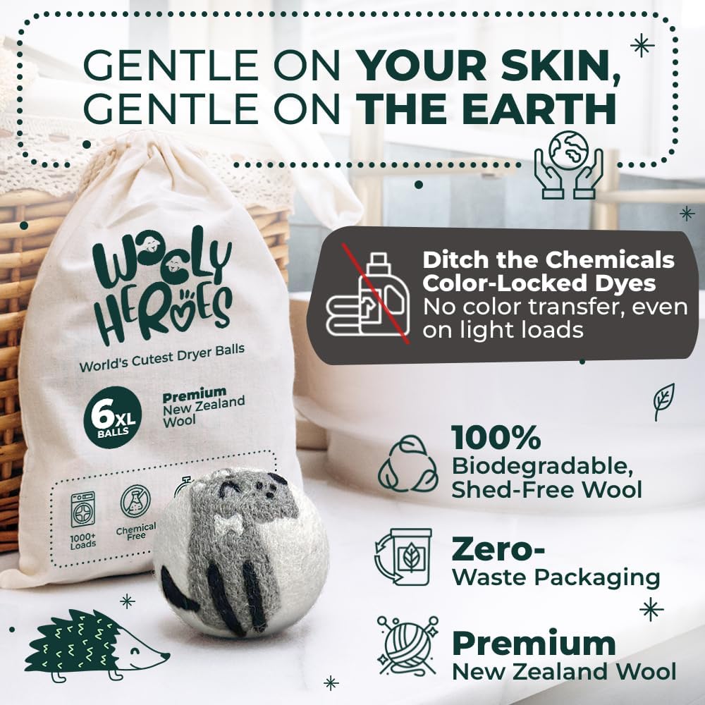 No More Dryer Sheets! Reusable Wool Dryer Balls XL 6-Pack - Reduces Static, Cuts Dry Time, & Softens Naturally