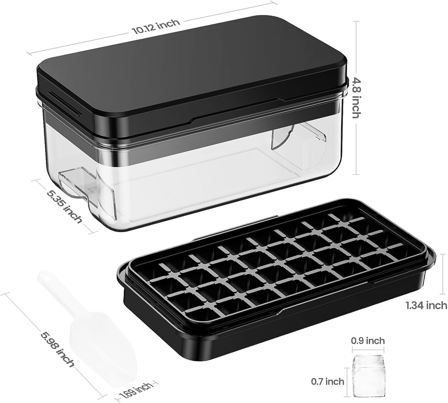 Ice Cube Tray with Lid and Bin, 32 pcs Ice Trays, Easy to Release Ice Trays for Freezer, Ice Cube Tray Mold, with 1 tray, Ice Freezer Container for Whiskey, Cocktail, Black