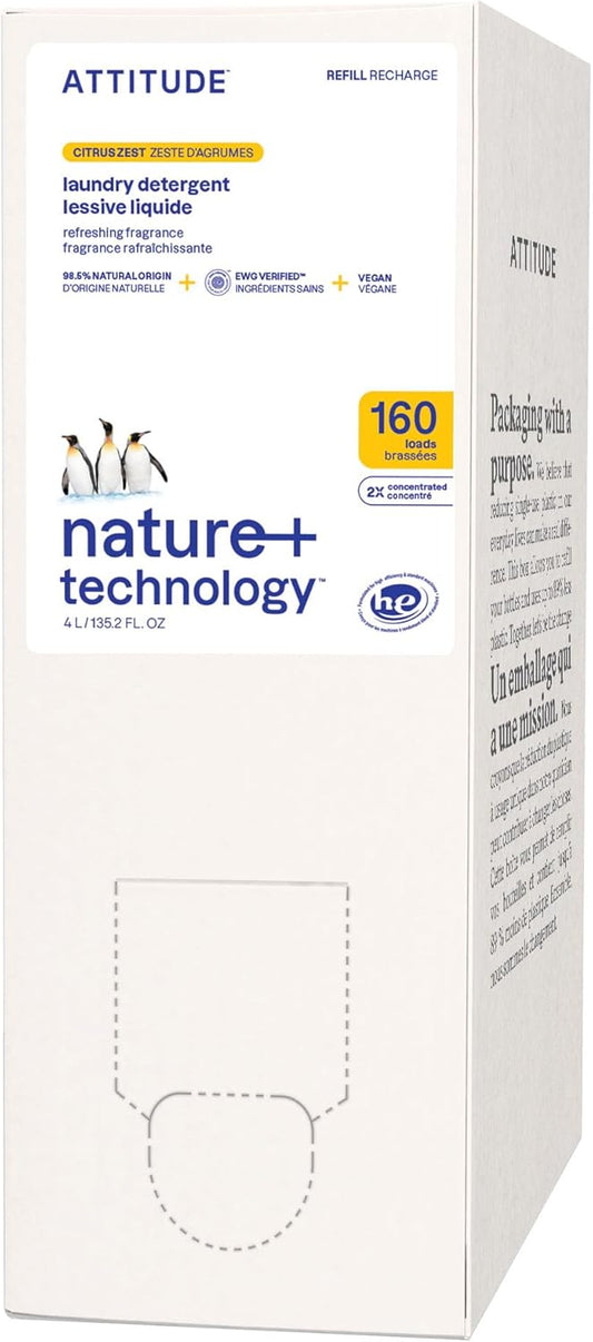 ATTITUDE Liquid Laundry Detergent Refill, EWG Verified, HE Compatible, Plant-Based & Vegan, Natural Laundry Soap, Citrus Zest Scent, 160 Loads, 135.26 Fl Oz