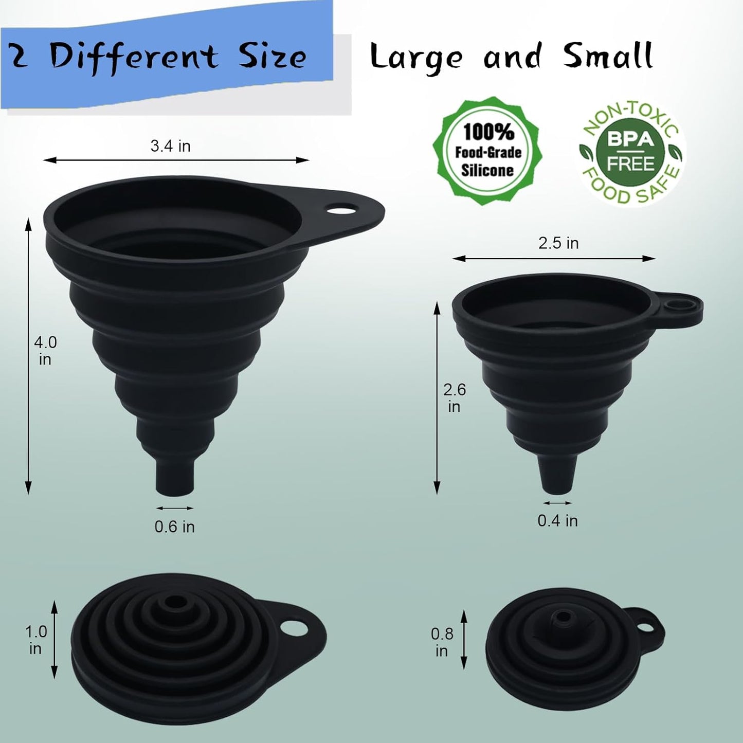 6 Pack Funnels for Kitchen Automotive Use Filling Bottles, Plastic Funnels Assorted 4 Sizes, Silicone Collapsible Funnel Set 2 Small and Large for Liquids, Oils, Powders Transfer, Cooking