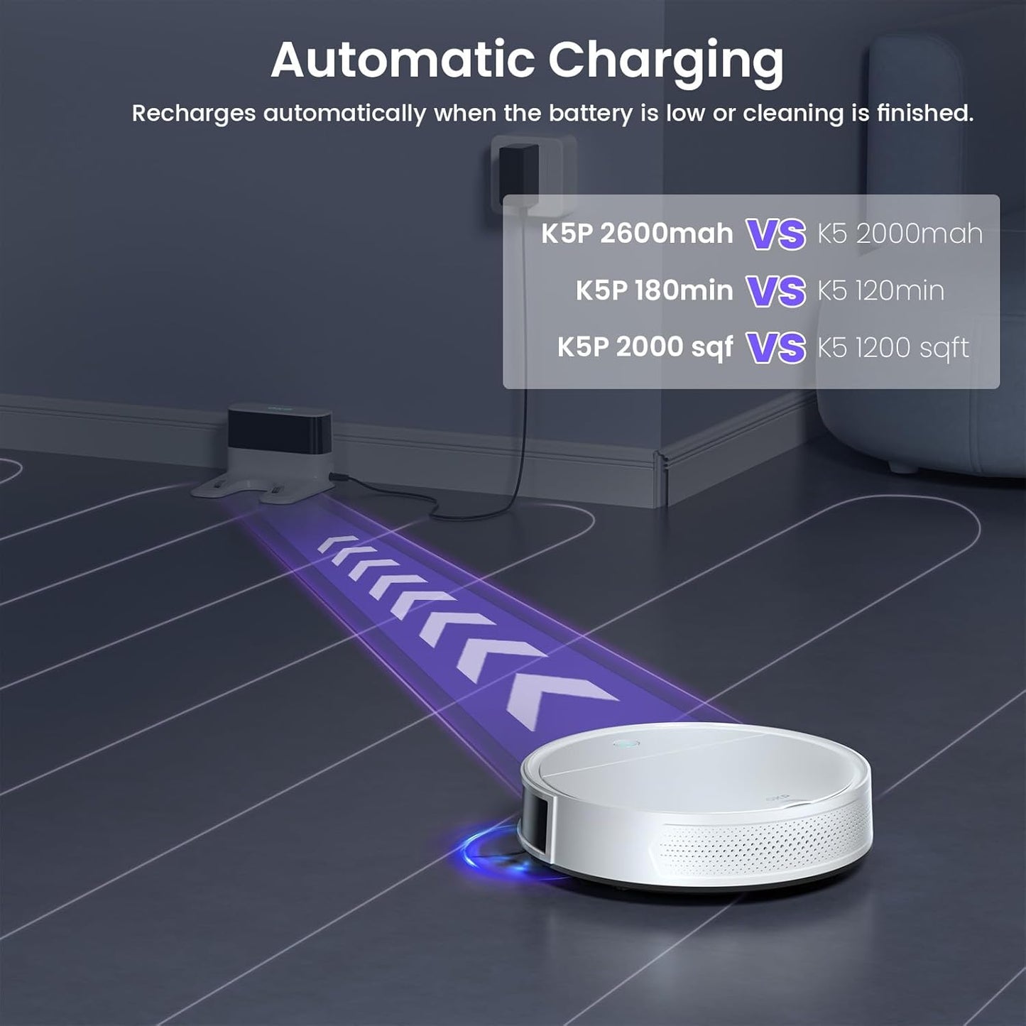 OKP K5 Pro Robot Vacuum and Mop, 3 in 1 Mopping Robotic Vacuum with 5000Pa Suction Power, 180 Mins Runtime, Quiet Design, Wi-Fi/APP/Alexa/Remote Control, Good for Hard Floors and Pet Hair Pick Up