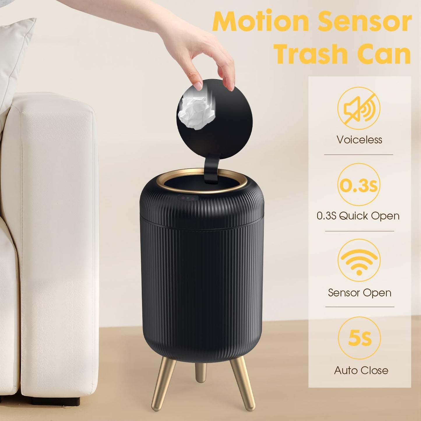 Bathroom Trash Can Automatic Touchless，3 Gallon Smart Motion Sensor Trash Bin with Lid，Plastic Black Garbage Can Wastebaskets with Removable Legs for Kitchen, Office, Toilet, Bedroom