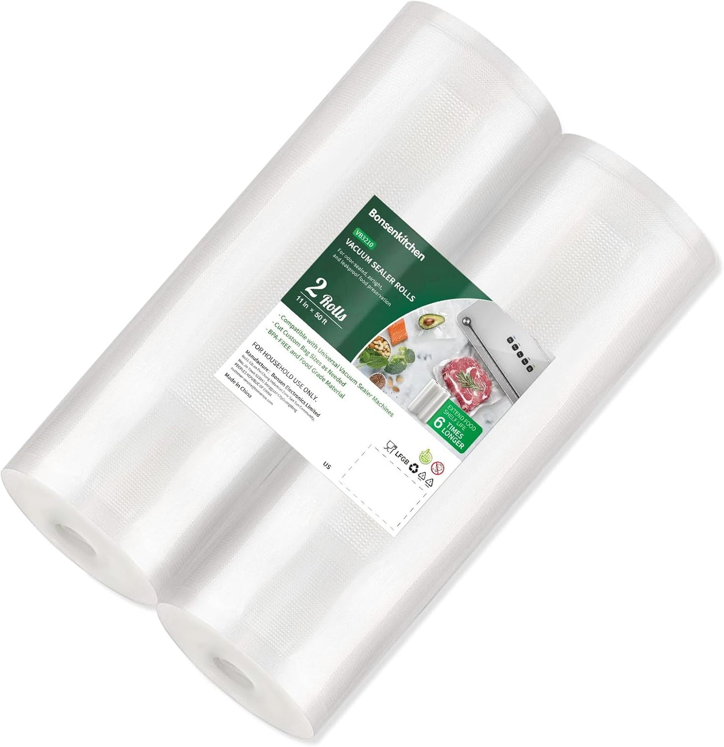 Bonsenkitchen Vacuum Sealer Bags, 11 in x 50 ft Rolls 2 Pack Seal Bags for Food Storage Saver, BPA Free, Commercial Grade Textured Food Roll Bags, Customized Size Bag for Sous Vide Cooking,VB3210
