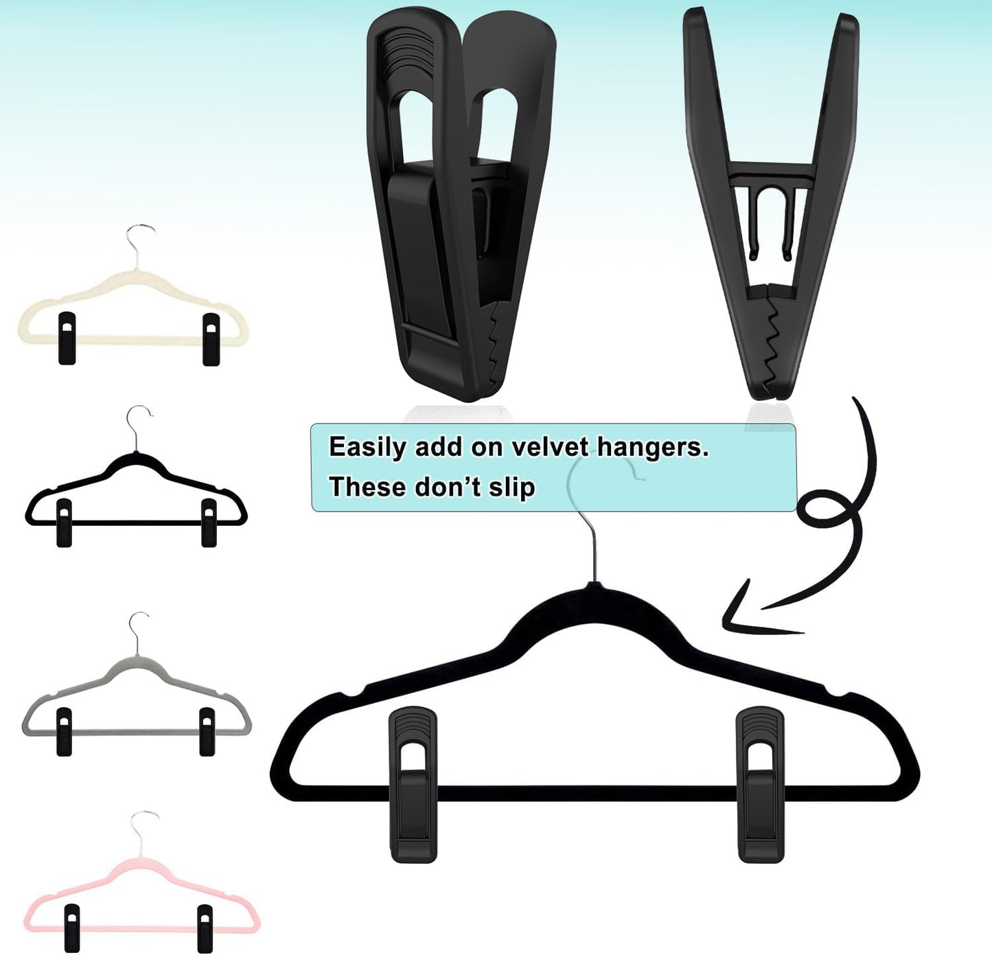 Hanger Clips Perfect for Velvet Hangers (Black, 20 PCS), Non-Slip Plastic Clips Pant Skirt Hanger Clips for Black Flocking Hangers